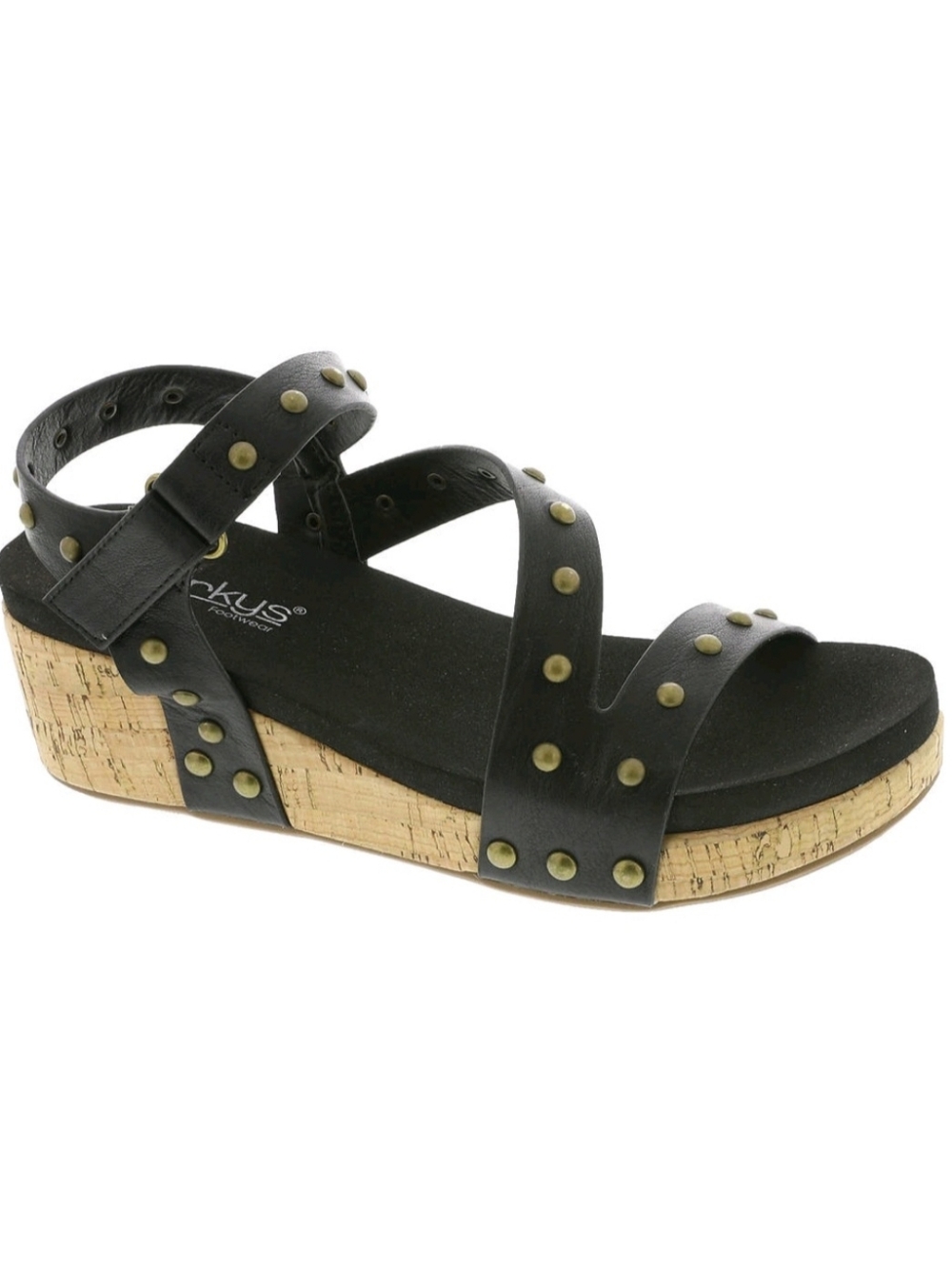Corkys Revolve Womens 2in Cork Wedge Sandals Womens Size 7 Black Gold Studs NWOT